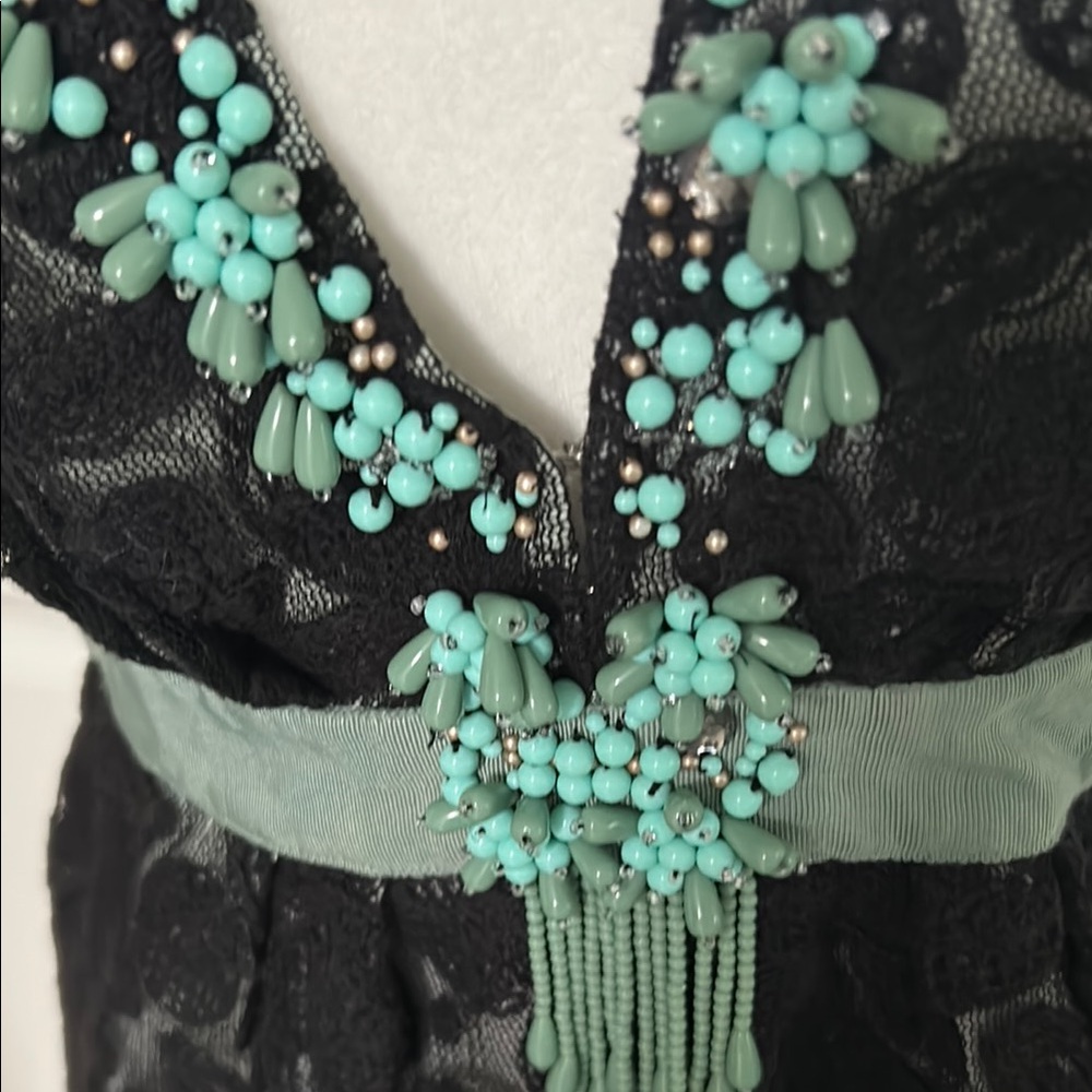 Nanette Lepore Black Lace Top with Turquoise Accents - Picture 3 of 10